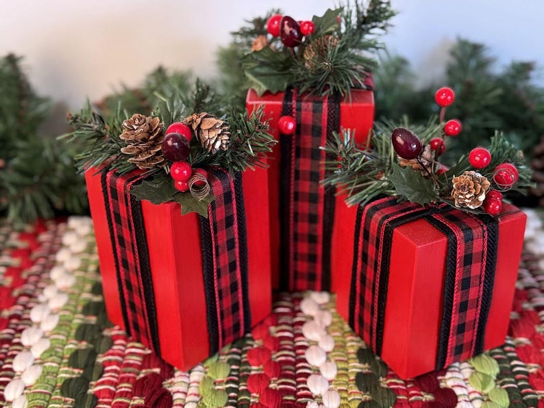 Painted Wooden Christmas Present Blocks: Farmhouse Rustic Decor - Etsy
