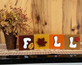 Fall Wooden Blocks Tier Tray Shelf Sitter Autumn Wood Block Stackers Farmhouse Style Rustic Harvest Mantle Display Tabletop Centerpiece