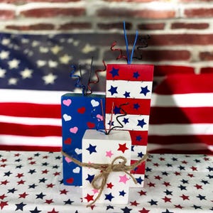 Wooden hand painted 4th of July Firecrackers: Patriotic Tier Tray Decor