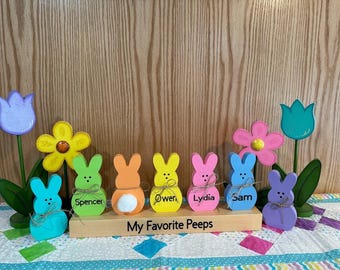 Personalized Easter Peep Wooden Block Spring Accent Shelf Decor Tier Tray Farmhouse Style Grandma Gift Easter Block Set Marshmallow Peeps