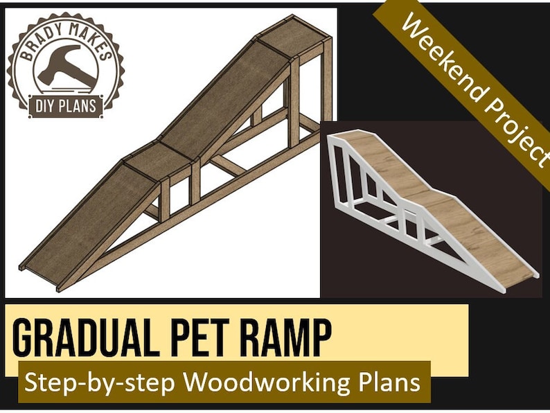 May include: A 3D illustration of a wooden pet ramp with a gradual incline. The ramp is designed for pets to easily access higher surfaces. The illustration shows the ramp in a light brown color with a white outline. The text "GRADUAL PET RAMP" and "Step-by-step Woodworking Plans" is displayed below the illustration.