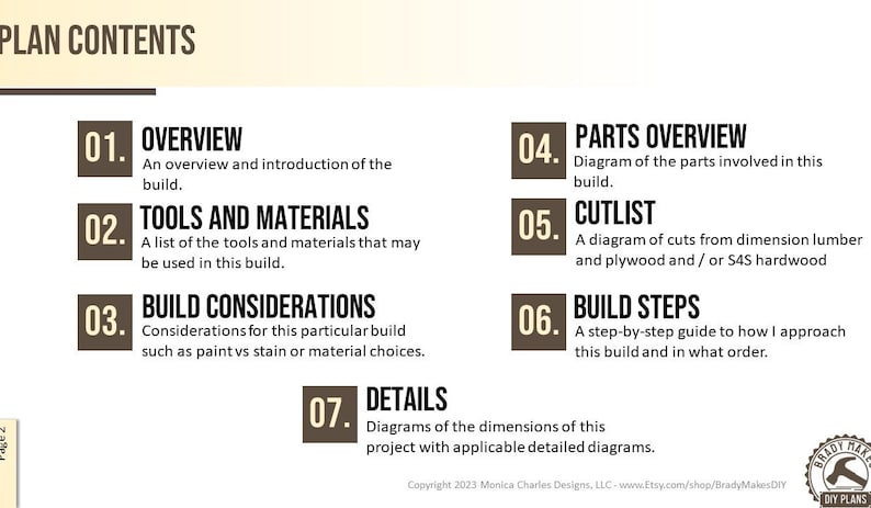 May include: A brown and white graphic with the text "PLAN CONTENTS" at the top. The graphic lists the contents of a DIY plan, including an overview, tools and materials, build considerations, parts overview, cutlist, build steps, and details.