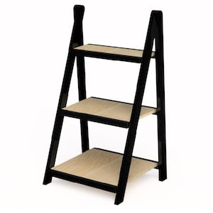 May include: A black metal three-tiered shelf unit with wooden shelves. The shelf unit is shaped like an A-frame.
