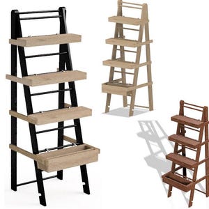 May include: Three wooden ladder shelves with different finishes. The first shelf is black with a wood top, the second is natural wood, and the third is a darker brown wood.