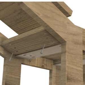 May include: Close-up of a wooden table frame with screws attaching the top to the legs. The wood is a light brown color.