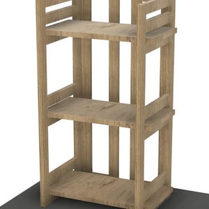 May include: A wooden shelf unit with three shelves. The shelves are made of light brown wood and have a simple design. The unit is freestanding and has a rectangular shape.