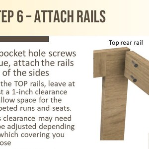 May include: A close-up of a wooden bed frame being assembled. The image shows the top rear rail being attached to the side of the frame using pocket hole screws and glue. The text "BUILD STEP 6 - ATTACH RAILS" and "Top rear rail" is visible in the image.
