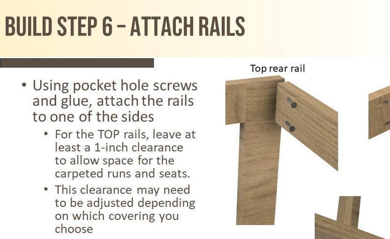 May include: A close-up of a wooden bed frame being assembled. The image shows the top rear rail being attached to the side of the frame using pocket hole screws and glue. The text "BUILD STEP 6 - ATTACH RAILS" and "Top rear rail" is visible in the image.