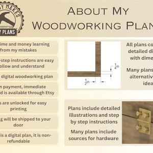 May include: A digital woodworking plan with detailed instructions and diagrams. The image shows a close-up of a corner joint with measurements in inches, and a brass hinge. The text on the image reads "About My Woodworking Plans".