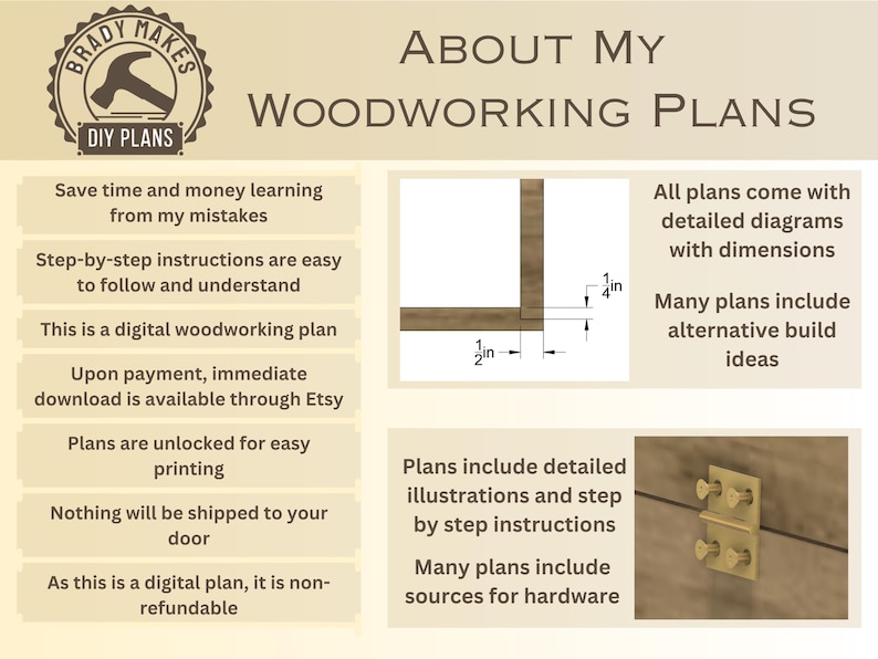May include: A digital woodworking plan with detailed instructions and diagrams. The image shows a close-up of a corner joint with measurements in inches, and a brass hinge. The text on the image reads "About My Woodworking Plans".