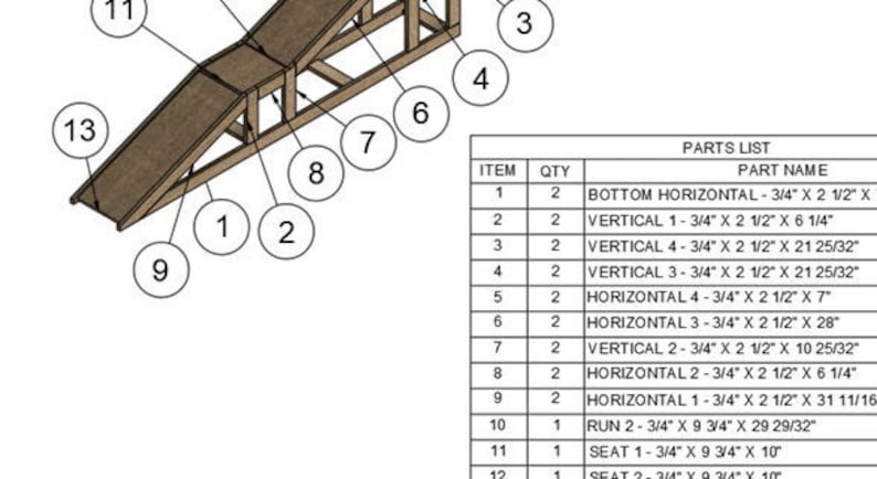 May include: Diagram of a wooden ramp with a parts list. The ramp is made of 13 pieces of wood, labeled with numbers 1 through 13. The parts list includes the name, quantity, and dimensions of each piece of wood.