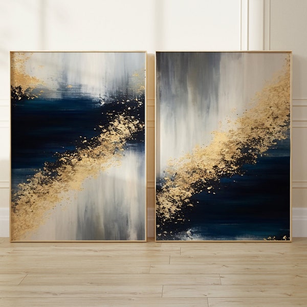 Set Of 2 Blue And Gold Wall Prints, Abstract Art, Elegant Prints, Living Room, Bedroom, Kitchen Decor, Minimalist Wall Hanging, Gift For Her