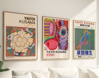 Abstract Set of 3 Yayoi Kusama Prints, Modern Japanese Posters, Pattern Design Artwork, Gift for Her, Contemporary Set of Prints Gallery Art