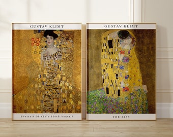 Gustav Klimt Ensemble de 2 tirages dorés, Le Baiser, Art Nouveau, Peintures modernes célèbres, Impression d’artiste populaire, Galerie d’art mural, Cadeau pour elle, Lui