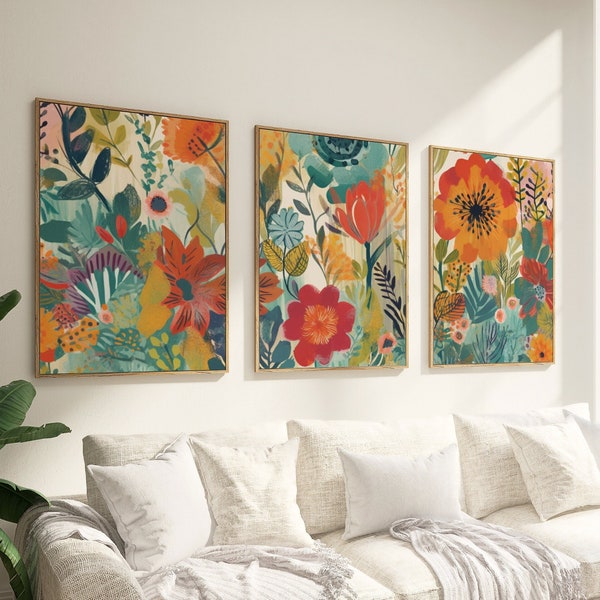 Set of 3 Abstract Flower Prints, Modern Floral Art, Contemporary Botanical, Colourful Wall Art Posters, Living Room, Bedroom, Kitchen