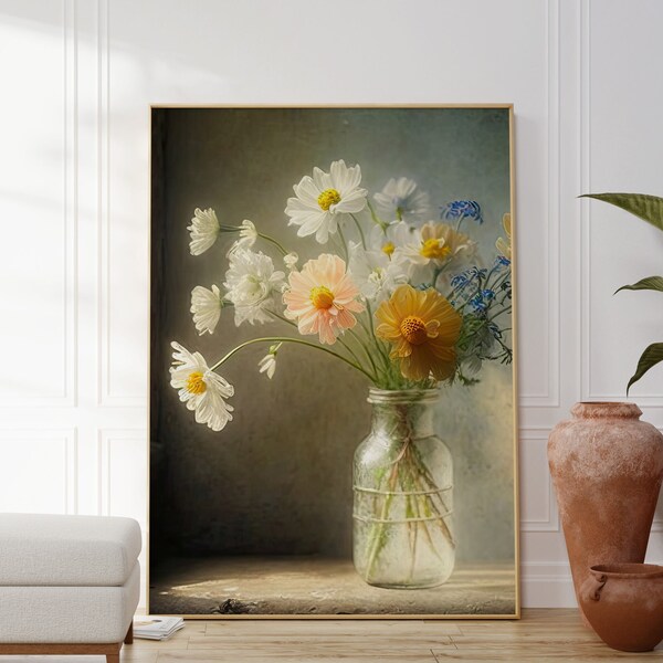 Flowers In A Glass Vase Print, Floral Bouquet, Still Life, Vintage, Nature, Botanical Wall Art, Kitchen, Living Room, Gift For Friend