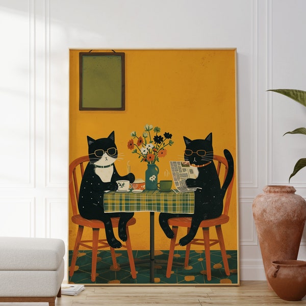 Cool Cats Drinking Tea Print, Black Cats on a Table Poster, Yellow Art Print, Funny Cats Kitchen Artwork, Original Gift Idea, Animal Decor