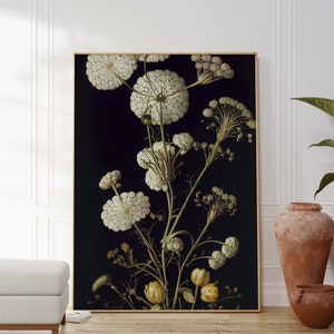 White Flowers on A Dark Background Print, Still Life, Floral Poster, Plant Art, Kitchen Wall Art, Living Room, Botanical