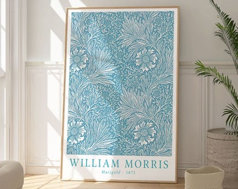 William Morris Marigold Print, Vintage Textile Pattern Poster, Light Blue Floral Wallpaper Design Art, Gift For Her, Botanical Flower Print