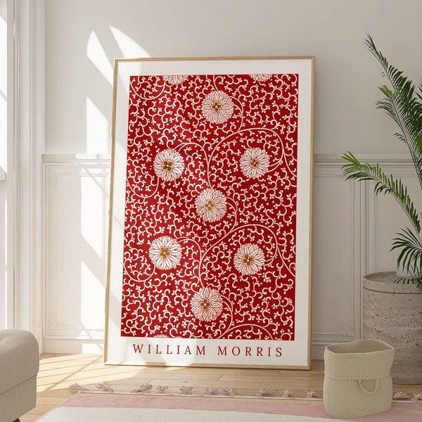 William Morris Red Flower Print, Floral Poster, Modern Artwork, Textile Art Poster, Natural Art, Contemporary, Botanical, Abstract Pattern