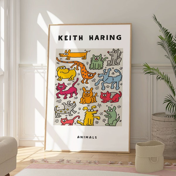 Keith Haring Fun Animal Print, Colourful Pets Poster, Pop Art Culture, Modern Street Art, Contemporary, Cats, Dogs, Minimalist Poster, Gift