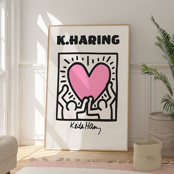 Keith Haring Pink Love Heart Print, Pop Art Print, Popular Right Now, Love Print, Famous Artist Poster, Graffiti Style, Gift For Her, Friend