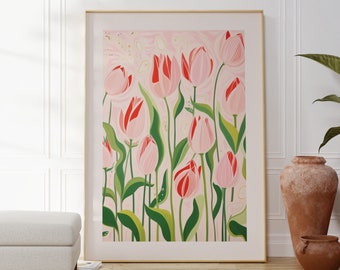 Tulip Flowers Print, Pink and Green, Beautiful Art, Floral Wall Art, Kitchen, Living Room, Gift For Friend, Colourful Painting, Housewarming