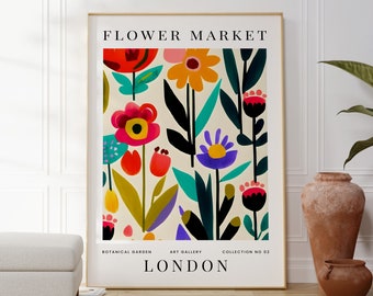 Flower Market London Print, Home Wall Art Decor, Modern Botanical Poster, Colourful Art, Gift For Her, Living Room, Kitchen Wall Art