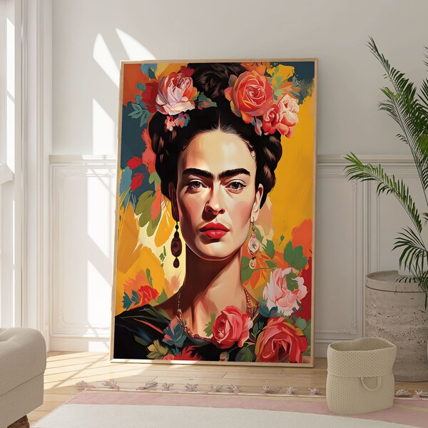 Frida Kahlo Portrait With Flowers Print, Colourful Mexican Artist Poster, Popular Floral Artwork, Bold Cheerful Home Decor, Gift For Her