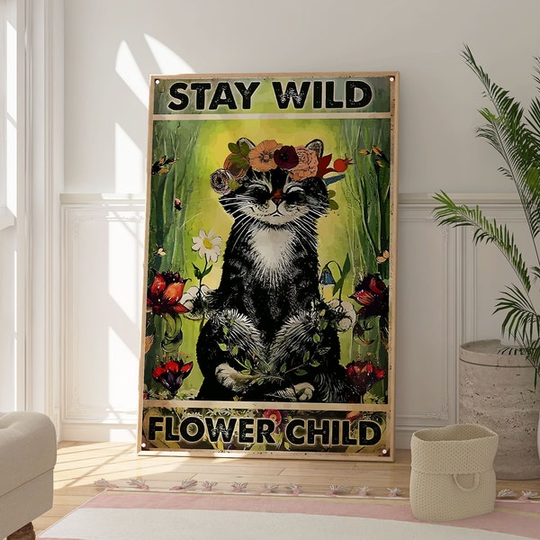 Stay Wild Flower Child Cat Sign Poster, Kids Room Print, Stay Wild Green Animal Artwork, Modern Wall Art Decor, Floral Botanical Gift