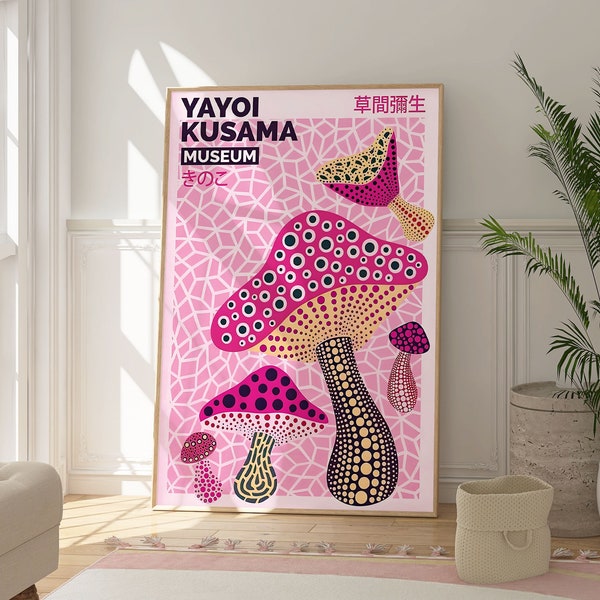 Poster Yayoi Kusama champignon rose, impression abstraite moderne, art mural japonais, chambre à coucher, décoration de salon, art mural de galerie, cadeau de pendaison de crémaillère