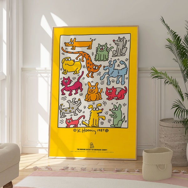 Keith Haring The Humane Society Print, Original Exhibition Art, Pop Art Poster, Cats and Dogs Animal Print, Funny Yellow Print, Gift For Her