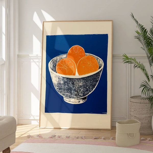 Oranges Kitchen Print, Still Life, Blue Background Electric Poster, Home Wall Art, Gift For Her, New Home Gift, Housewarming Art