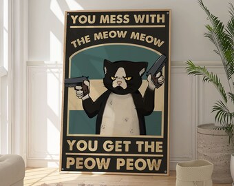 Fun Gangster Cat Print, Animal Sign Poster, Funny Black and White Cat Artwork, Housewarming Gift, Joke Animal Art Decor, Gift for Friend