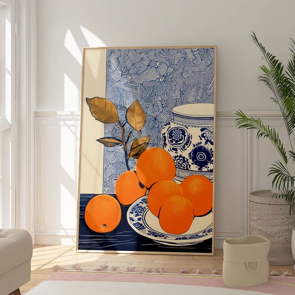 Oranges Kitchen Print, Still Life, Blue and Orange Electric Poster, Home Wall Art, Gift For Her, New Home Gift, Housewarming Art, Kitchen