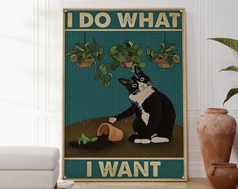 Grappige kat teken afdrukken, blauwe kat grap poster, grappige dieren kunst aan de muur, hilarische kattenliefhebbers cadeau, komisch ik doe wat ik wil zwarte kat print