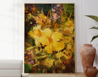 Abstract Yellow Flowers Painting Print, Botanical Poster, Landscape Artwork, Modern Home Decor, Plant Wall Art, Gift For Her, Kitchen Decor