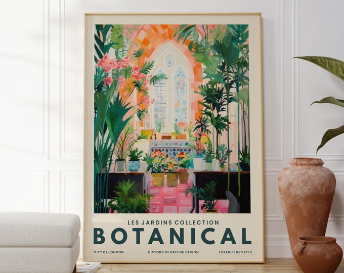 Botanical Garden Print, Electric Wall Art Poster, Colourful Nature Inspired Art Decor, Plants and Trees, Natural Green and Pink Art, Gift