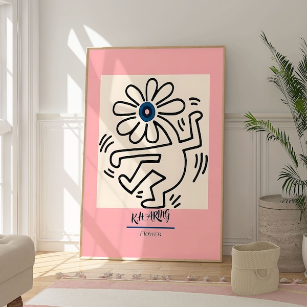 Keith Haring Pink Flower Print, Popular Artwork, Minimalist Poster, Pop Art Wall Art, Abstract Illustration, Street Graffiti Artist, Gift