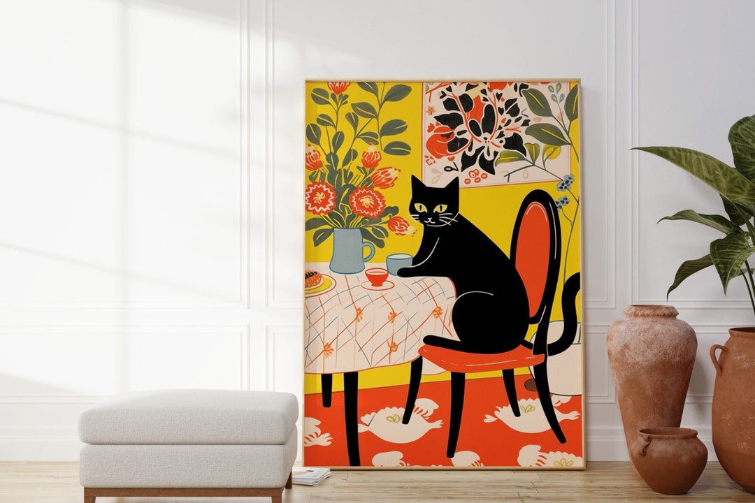 Vintage Tin Sign Black Cat Drinking Coffee Art Print Poster, 8x12 Inches