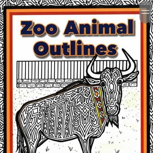 May include: A black and white coloring book page featuring a detailed outline of a wildebeest. The title of the book is "Zoo Animal Outlines" by Louisa Eddleston.