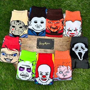 Horror Movie Novelty Socks, Cartoon Slasher, Steven King IT Clown, Friday The 13th Jason, Chucky Doll, Ghost Face, Unisex, Easter Gift