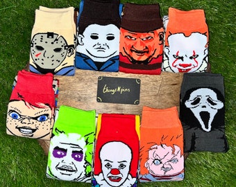 Horror Movie Novelty Socks, Cartoon Slasher, Steven King IT Clown, Friday The 13th Jason, Chucky Doll, Ghost Face, Unisex, Easter Gift