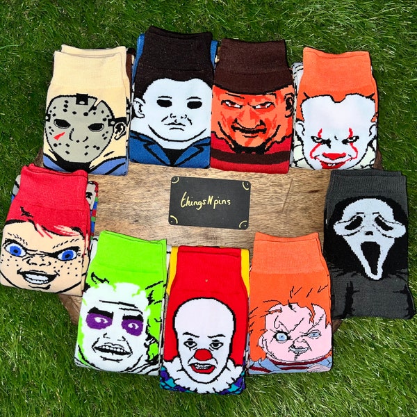 Horror Movie Novelty Socks, Cartoon Slasher, Steven King IT Clown, Friday The 13th Jason, Chucky Doll, Ghost Face, Unisex, Easter Gift