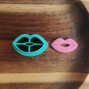 Op de afbeelding: Twee plastic koekjesvormen in de vorm van lippen. Eén is turquoise en de andere is roze.