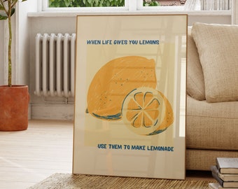 Retro, wenn das Leben Ihnen Zitronen gibt Verwenden Sie sie, um Limonade Wandkunst in gelb blau zu machen | Wanddekor | Digitale Drucke | Lebensmittel Küche Kunstdruck