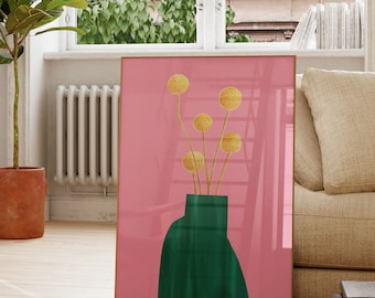 Yellow Flower Craspedia Billy Balls in Green Vase Pink Retro Maximalist Modern Colorful Electic floral Art Print |Wall Decor| Digital Prints
