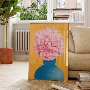 Póster físico: póster maximalista de flor rosa en jarrón azul Y2K / Impresión de arte floral vibrante y eléctrica / Decoración moderna y colorida para el hogar