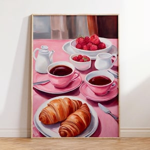 Physical Poster - Retro Breakfast Croissants Poster | Vintage Wall Art Print in Pink & Beige | Kitchen Decor | Abstract Home Decor