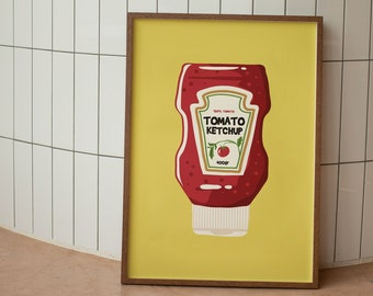 May include: A framed print of a yellow background with a red and white ketchup bottle illustration. The bottle has the text "100% TOMATO KETCHUP" and "400gr" on it.